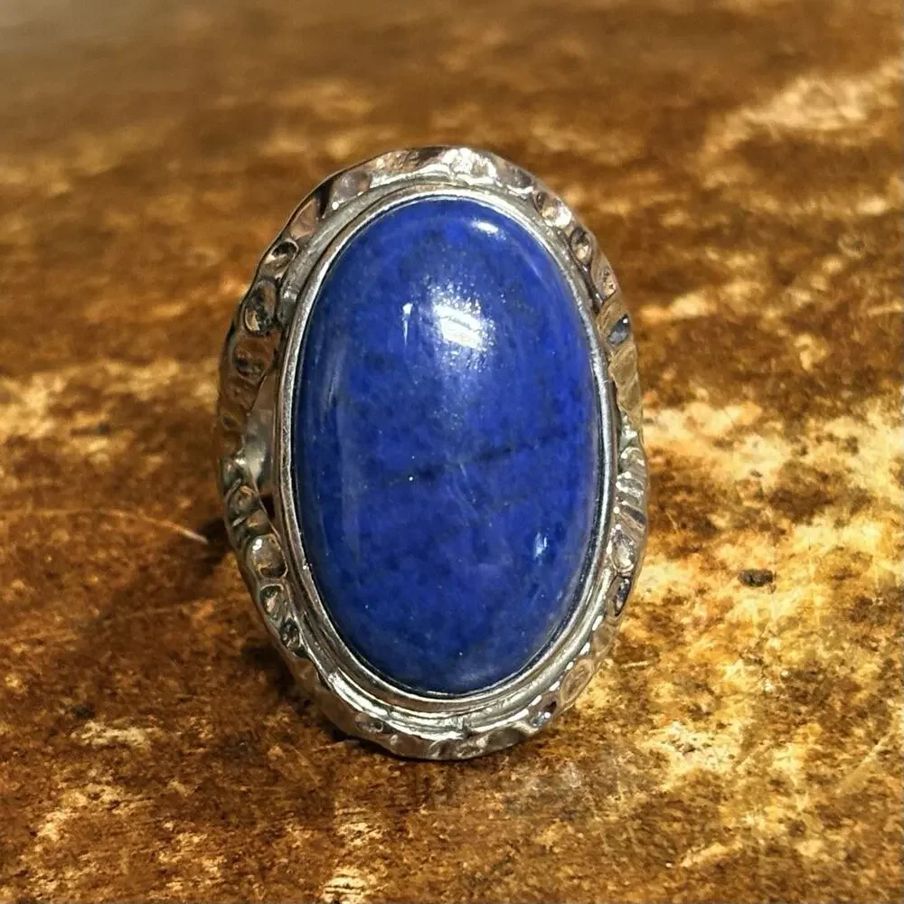 Stainless Steel & Blue Cabochon Stone Ring Size 9